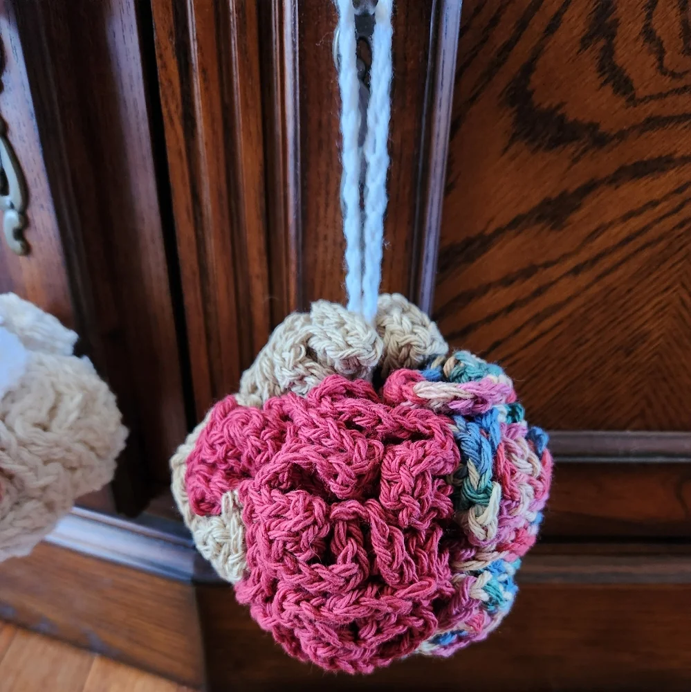 Crochet Set of 2 Tan Multi-colored Shower Poufs